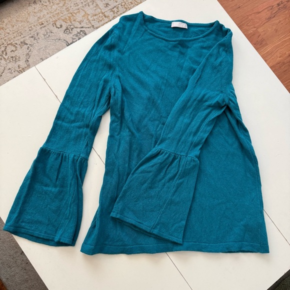 Hekla & Co. Italy Cashmere Wool Teal Bell Sleeve Ribbed Knit Sweater Luxury Chic - Picture 6 of 6